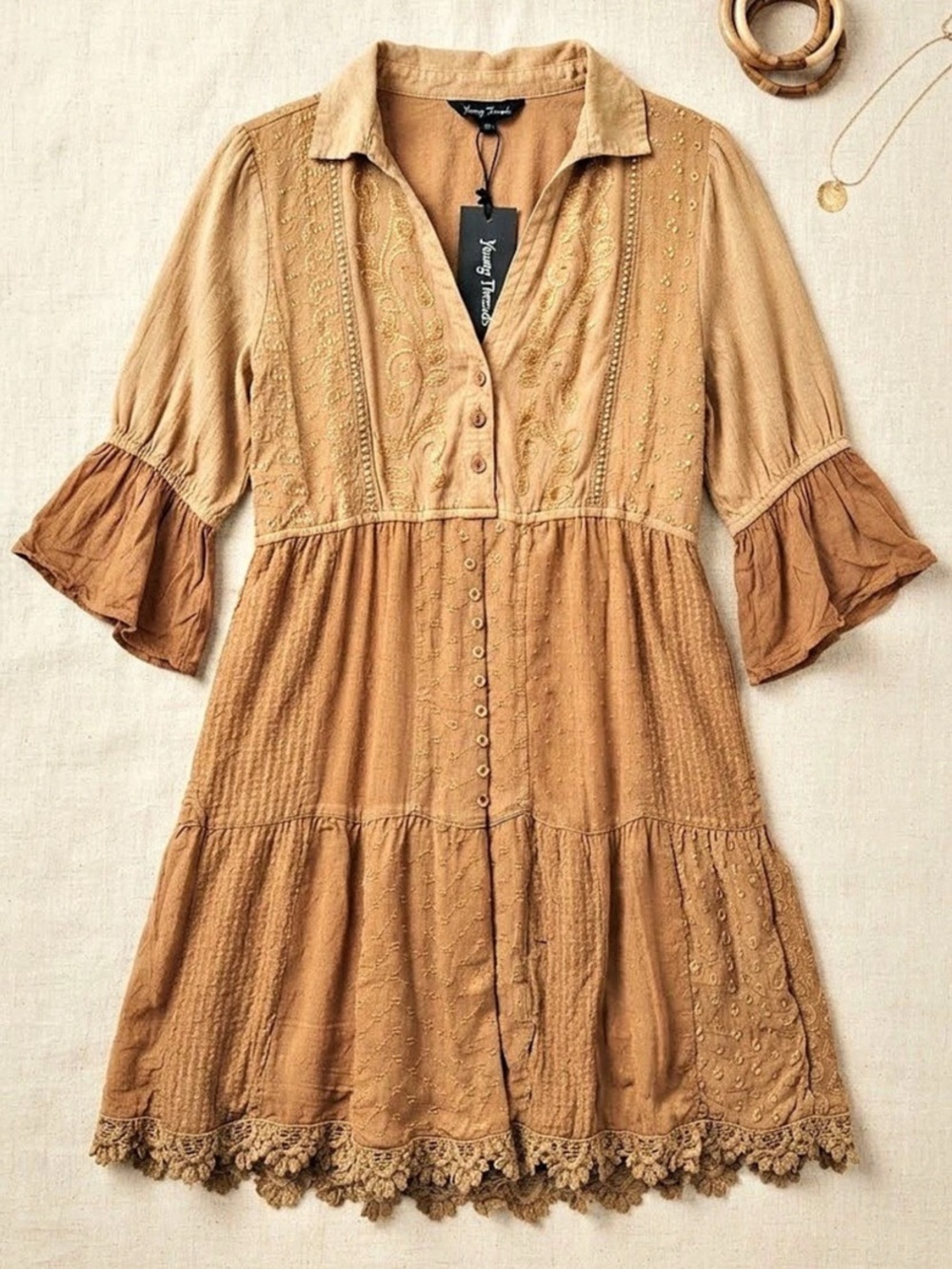 Young Threads Embroidered Mini Dress in Brown Size Medium NWT